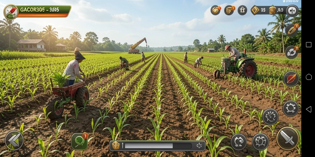 Screenshot gameplay GACOR305 dengan ladang pertanian yang indah dan beragam tanaman.